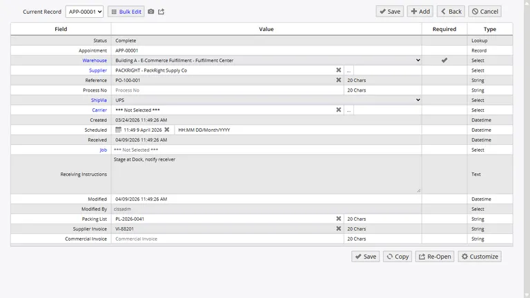 Repair order editor with service lines, status, and appointment details