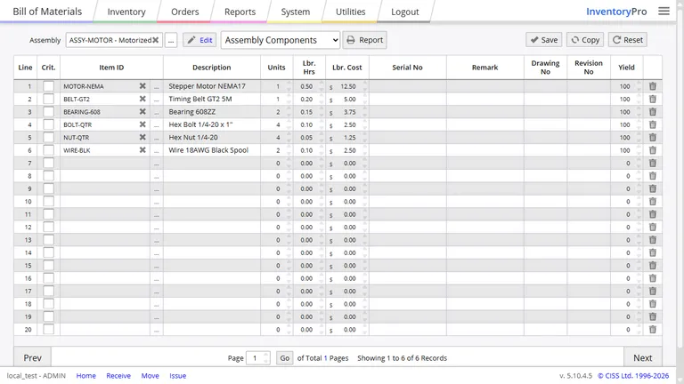 BOM editor listing components, required quantities, and yield settings