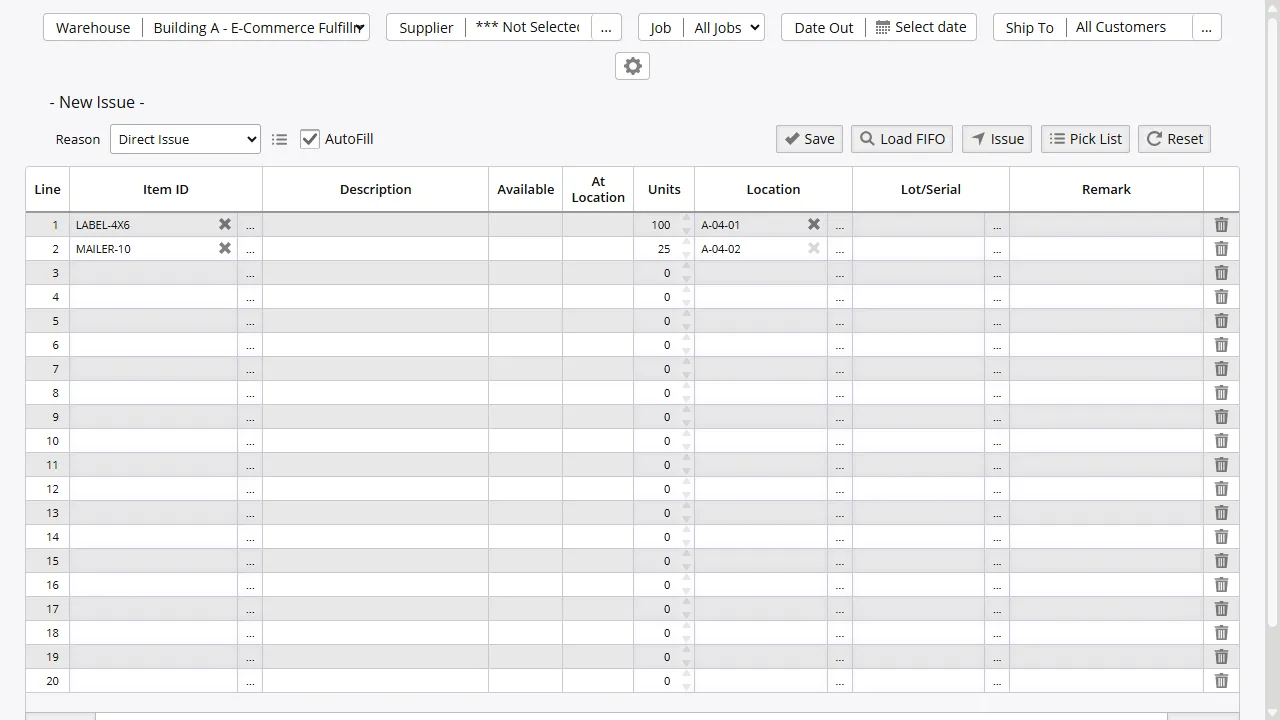 Order fulfillment grid with allocated stock, pick progress, and shipment status for outbound orders