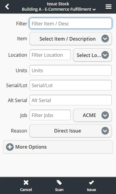 Mobile shipping form for picking and issuing stock to outbound customer orders