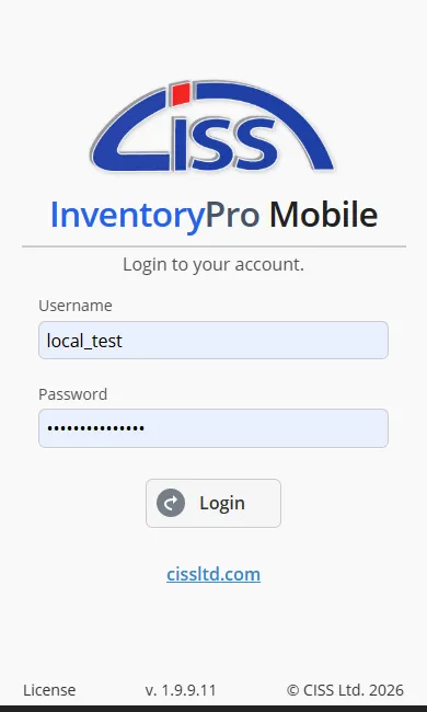 Mobile login screen with secure sign-in and warehouse selection