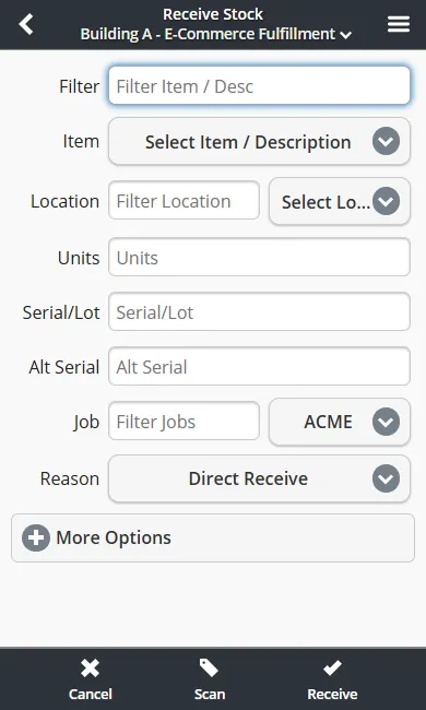 Mobile receiving view for confirming purchase order items and quantities from the warehouse floor