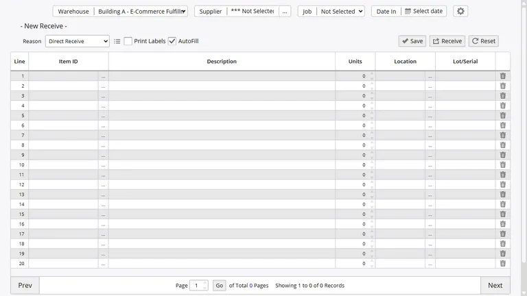 Cloud receiving screen for purchase orders with expected lines, received quantities, and open balances