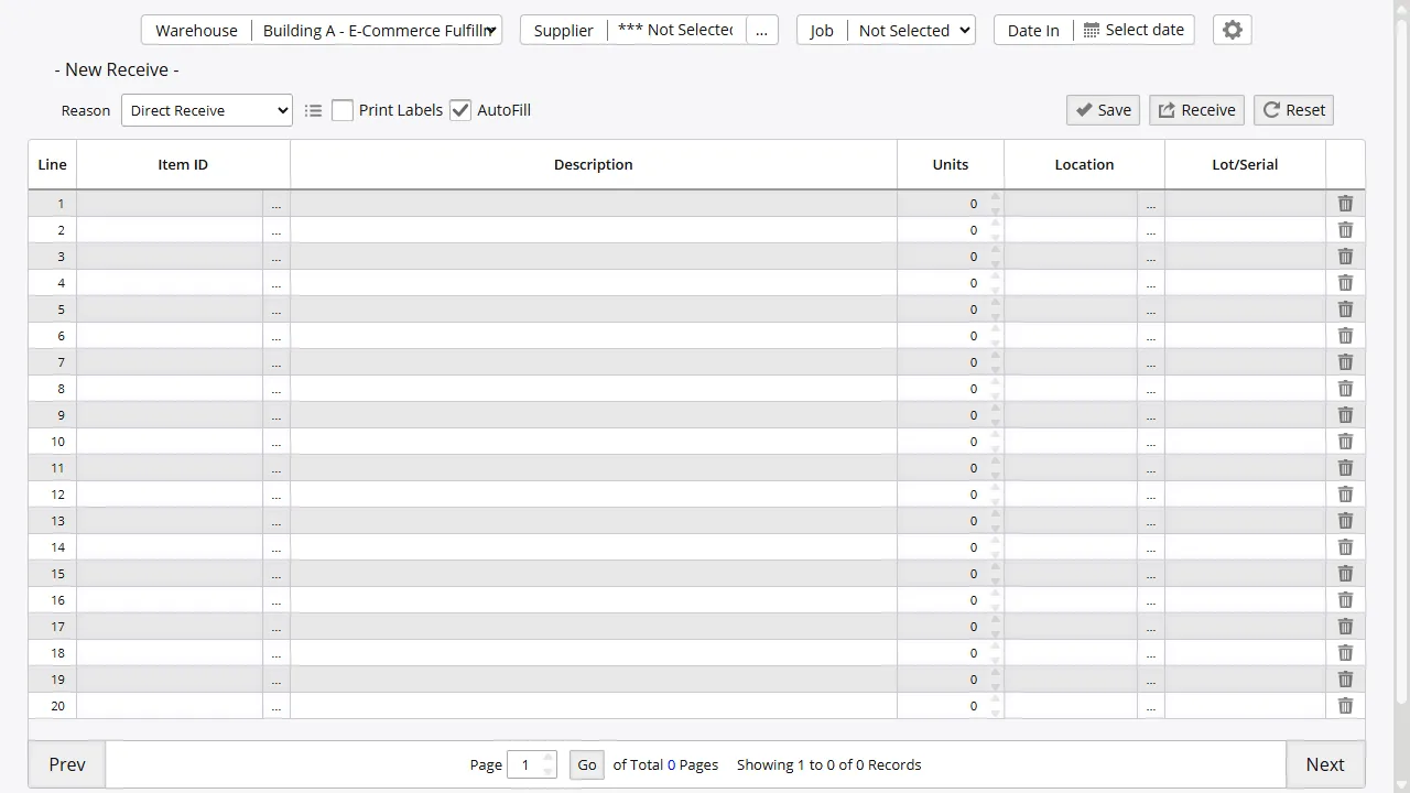 Cloud receiving screen for purchase orders with expected lines, received quantities, and open balances