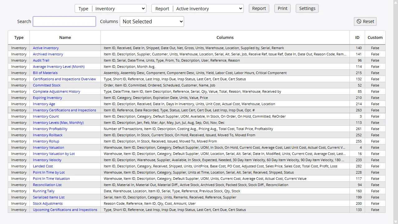 Inventory Pro report library grouped by inventory, order, warehouse, and administration topics