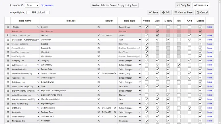 Layout editor showing column order, widths, and visible field settings