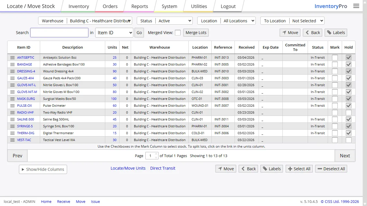 Inventory screen showing serial numbers, lot codes, and expiration dates tied to stock records