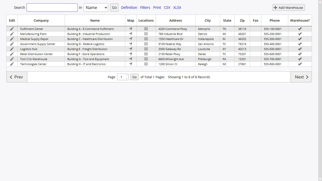 Cloud WMS screen listing multiple warehouse sites with their settings and location counts