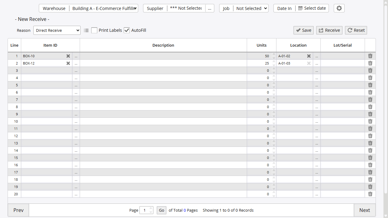 Receive screen with one line filled showing BOX-10, 50 units at location A-01-02